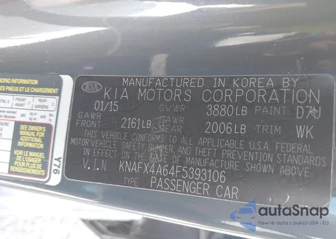 2015 Kia Forte Lx z USA, uszkodzony, nr VIN KNAFX4A64F5393106